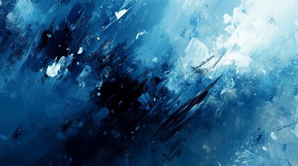 Abstract blue artwork featuring dynamic brush strokes and textured layers, evoking a sense of depth and motion.