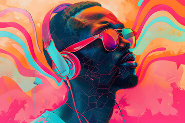 Colorful portrait of a man listening to music with headphones, immersed in vibrant sound, showcasing artistic expression and energy.