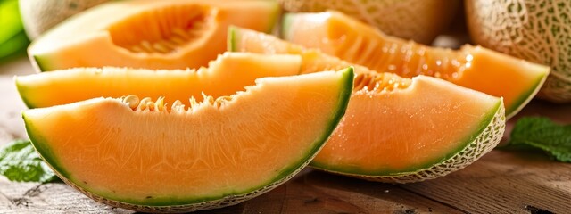  A melon halved, seated on a wood table, nearby others similarly sliced