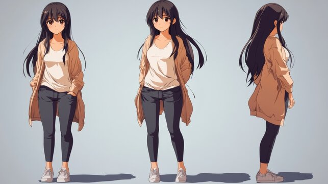 A young female character with long dark hair, dressed casually in a tank top and cardigan, exuding a relaxed and approachable vibe.