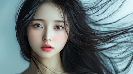 Fototapeta premium A young East Asian woman with flowing hair and an ethereal look, captured against a soft, light blue background.