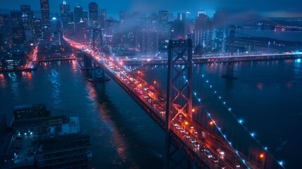Fototapeta premium Nighttime View of a Cityscape with a Bridge
