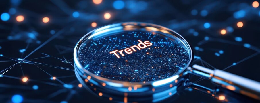 Magnifying glass zooming in on "Trends" and 2025, blue background, representing post-New Year business and tech changes