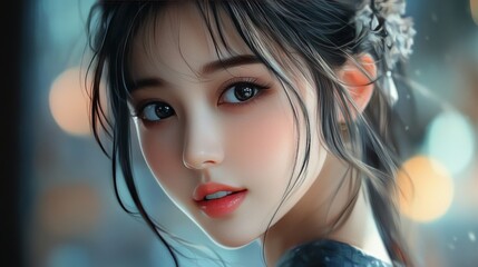 Naklejka premium A young Asian woman with long, dark hair and a soft expression gazes thoughtfully, illuminated by a dreamy bokeh background.