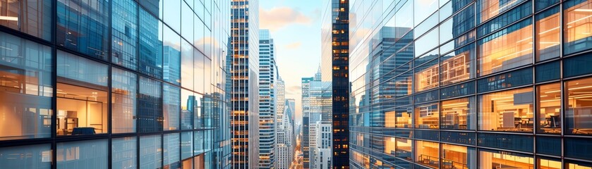 Obraz premium Urban skyline at twilight, towering glass buildings, technology in finance, digital transformation, Realism, High detail