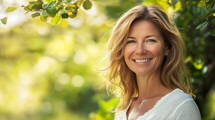 Smiling young woman with long hair in a natural green setting, exuding warmth and positivity.