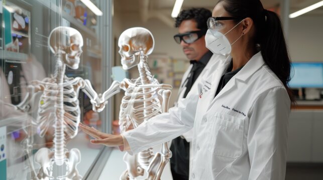 Two doctors analyze a patient's medical MRI diagnosis by examining a large glass screen with a futuristic hologram