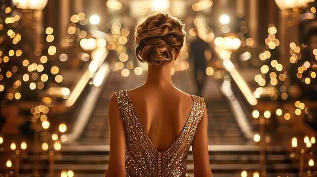 Back view of woman in evening gown, opulent hotel lobby, warm golden lights, sophisticated and glamorous, Realism, High resolution