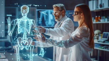 Two male and female doctors analyzing human bone structure on hologram in laboratory, digital technology