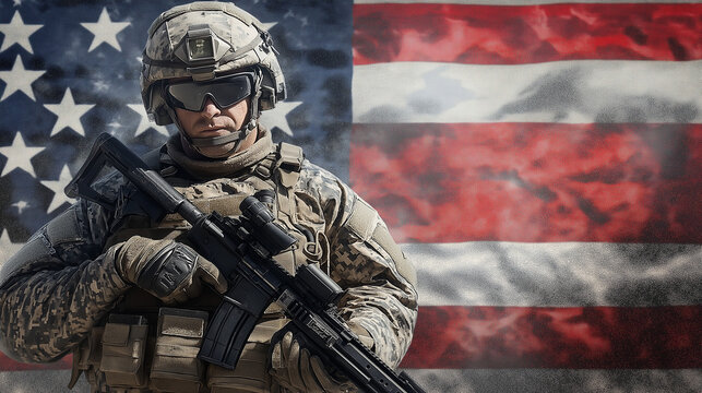 A soldier in full combat gear holding a rifle stands proudly in front of a waving American flag, symbolizing patriotism, duty, and the military's role in national defense.