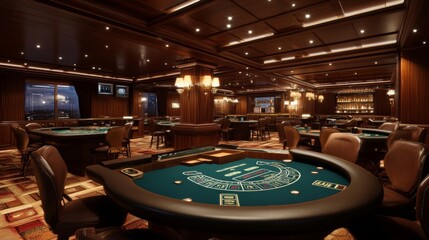 Elegant indoor casino with multiple gaming tables and a luxurious atmosphere.