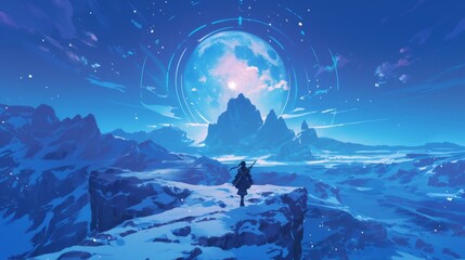 Obraz premium Enchanting Winter Night Scene: Solitary Figure on Moonlit Snowy Path. Anime-Inspired Landscape with Glittering Snow and Luminous Moon. Atmospheric 4K Wallpaper for Creative Advertising and Marketing 