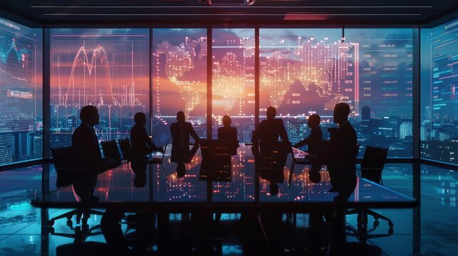 group of business people having a meeting with digital screen and city background
