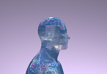 Image of a man made from a futuristic transparent texture. 3D Render