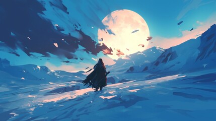 Fototapeta premium Enchanting Winter Night Scene: Solitary Figure on Moonlit Snowy Path. Anime-Inspired Landscape with Glittering Snow and Luminous Moon. Atmospheric 4K Wallpaper for Creative Advertising and Marketing 