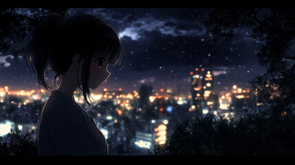 A delicate anime woman watching the nighttime city, her face conveying sadness and a reflective mood.