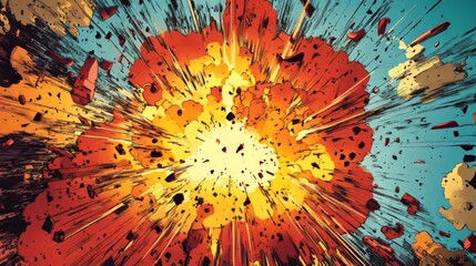 A vibrant explosion with bright orange and yellow hues, accentuated by flying debris against a blue sky backdrop.