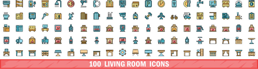 100 living room icons set. Color line set of living room vector icons thin line color flat on white