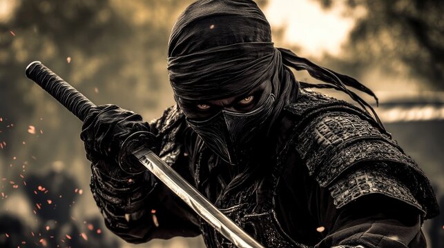 A fierce male ninja prepares for battle, shrouded in darkness with a gleaming sword in hand, embodying strength and agility.
