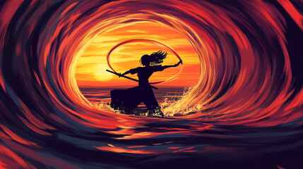 Fototapeta premium A black silhouette of a beautiful girl in an elegant fighting pose with a katana, making a circular cut in the air, creating a spiral tunnel of water that glows at sunset. 2D art style.