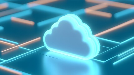 Abstract 3D illustration of a glowing cloud icon amidst a futuristic circuit board representing cloud computing and technology.