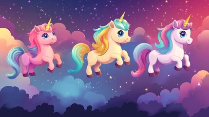 Naklejka premium Three colorful, magical unicorns frolic against a vibrant starry sky with pastel clouds, showcasing joy and whimsy.