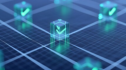 Obraz premium Abstract blockchain technology concept with glowing checkmarks on a grid. Digital data security and decentralized system illustration.
