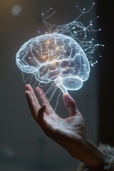 Connecting Touch and Creativity - Hand Reaching Out to Holographic Brain Symbol