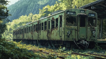 Obraz premium Anime style depiction of an abandoned train, capturing the eerie beauty and serene decay.