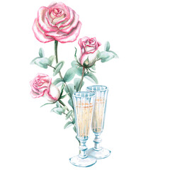 Two vintage glasses with champagne, bouquet of roses and eucalyptus in watercolor. Illustration for greeting cards, congratulations, weddings, memorable dates. Illustration isolated from background.