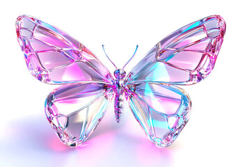 Elegant, shiny pink and blue crystal butterfly on a white background.	