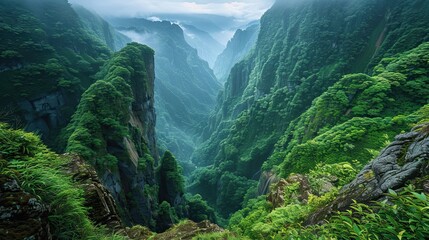 Top view of a lush green valley on a summer sunny day. Panoramic view with mountain ranges on the horizon. Nature background. Illustration for cover, card, postcard, interior design, decor or print.
