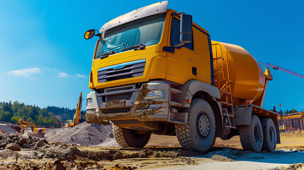 Obraz premium Yellow construction truck at worksite under blue sky