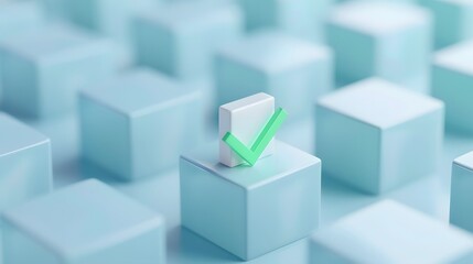 Abstract image of light blue cubes with a green check mark symbolizing selection, approval or completion, business background concept.