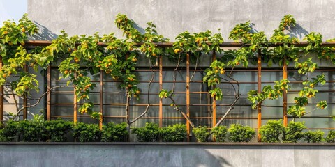 Fruit tree espalier trained on wooden trellis against building