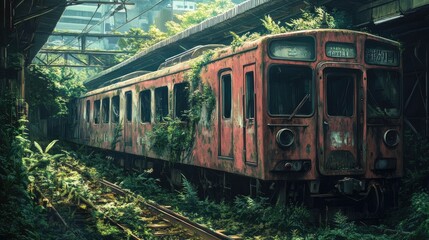 Obraz premium Anime wallpaper of an abandoned train, with intricate details and a haunting, overgrown setting.