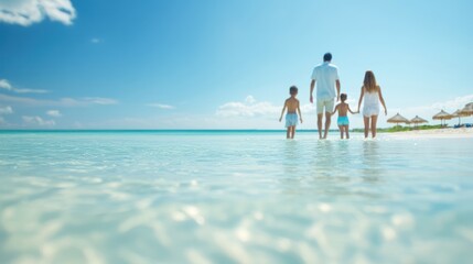 A family walks together along a serene beach, enjoying quality time and the beauty of nature under...