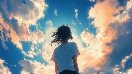 Obraz premium Young woman gazing up at a vibrant sky, her hair blowing in the wind, capturing a moment of wonder and inspiration.