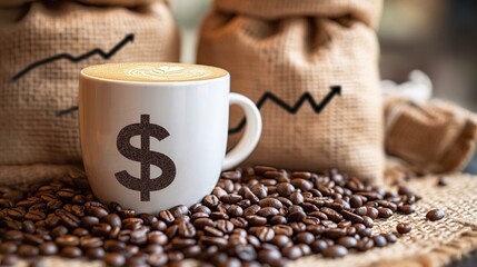 Coffee cup with dollar symbol surrounded by beans, highlighting coffee price increase and industry