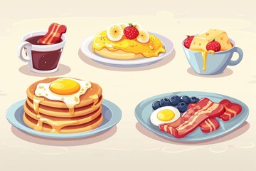 Set of breakfast food, pancakes with maple syrup and scrambled cheesy fluffy yellow eggs, bacon 