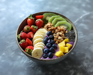 Fresh Fruit Bowl with Assorted Berries and Granola on Marble Background
