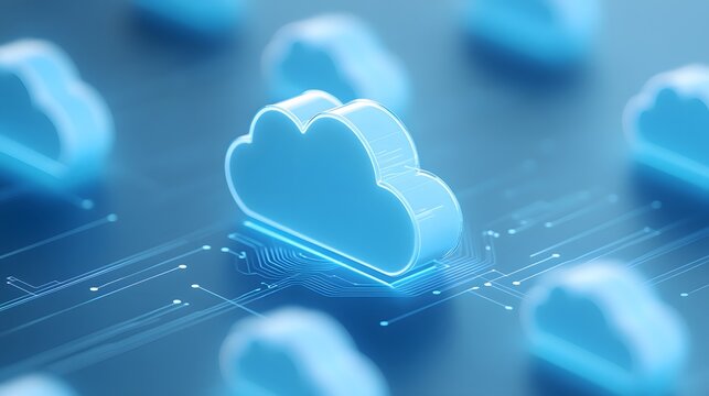 Blue glowing cloud icons represent data storage and cloud computing on a digital surface, ideal for technology and innovation concepts.