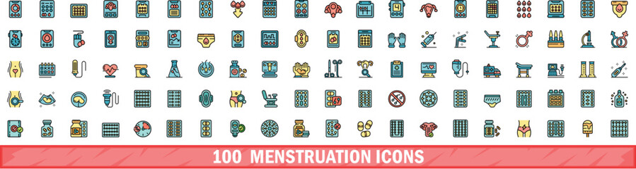 100 menstruation icons set. Color line set of menstruation vector icons thin line color flat on white