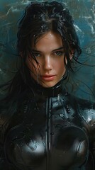 Fototapeta premium A strong young woman with dark hair, wearing a sleek, fitted wetsuit, gazes intensely at the camera, with water droplets glistening on her skin.