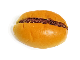 Creamy mocha bread. Soft and fluffy bread with mocha butter cream and dutch chocolate sprinkles filling isolated on white background with clipping path. Fresh from the oven bakery concept.