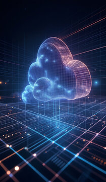 Cloud computing concept background. Digital data and network with glowing lines and sparks.