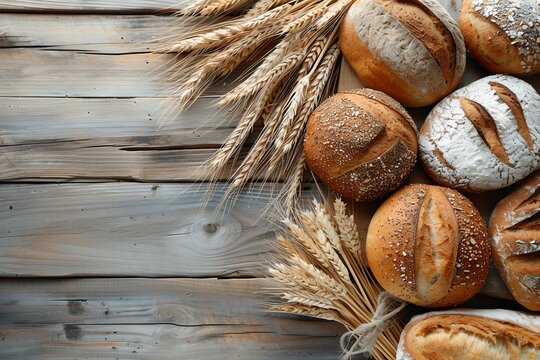 Assortment of artisanal bread loaves and wheat ears on rustic wooden table, topdown view for banner design