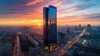 Vibrant Sunset Glow on Contemporary Urban Skyscraper in Cityscape