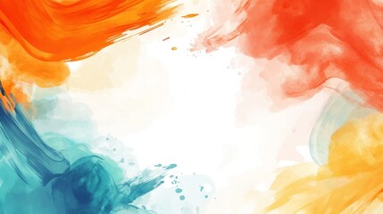 Vibrant abstract watercolor background in orange, blue, and red hues.