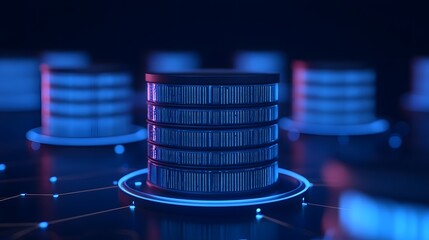 Close-up of futuristic data storage servers in a dark environment with blue illumination, symbolizing technology and data management.